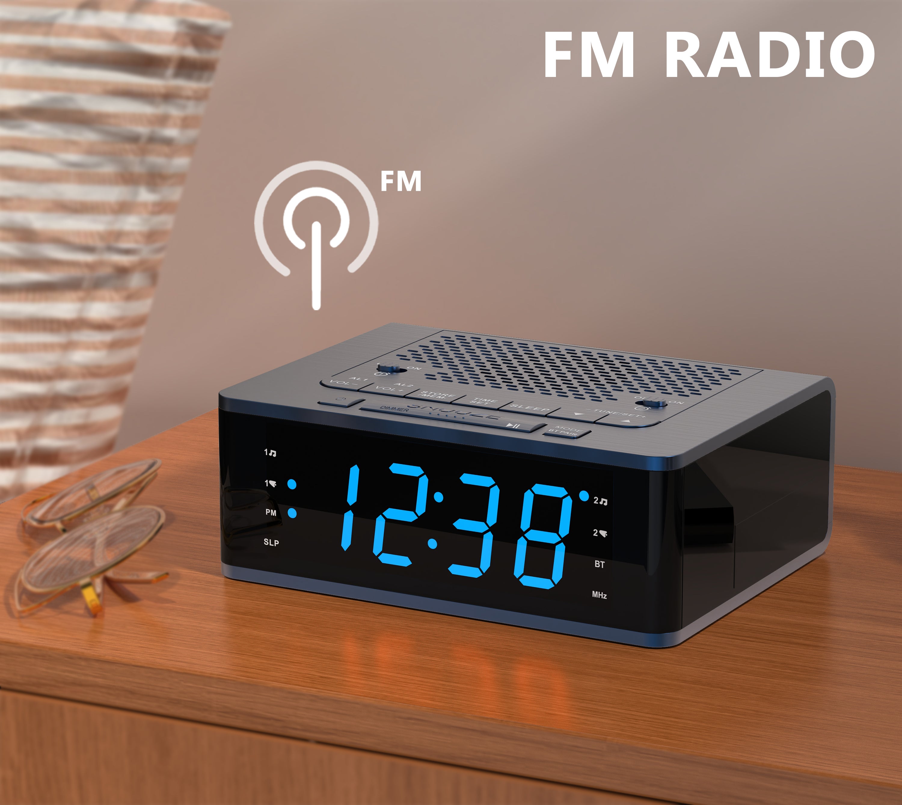 Bedroom Digital Alarm clock with FM radio, Bluetooth, Dimmable LED display screen, sleep timer, adjustable volume, dual alarm clock with on/off button, bedside alarm clock for adults, the elderly and children iTOMA 515