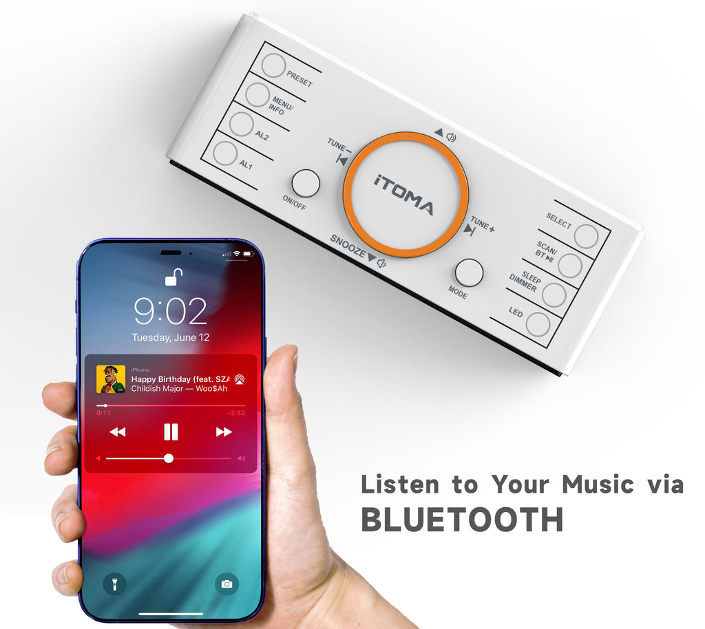 DAB and FM, Bluetooth, dual alarm clocks, sleep timer, dimming control, USB charger and headphone jack iTOMA 728