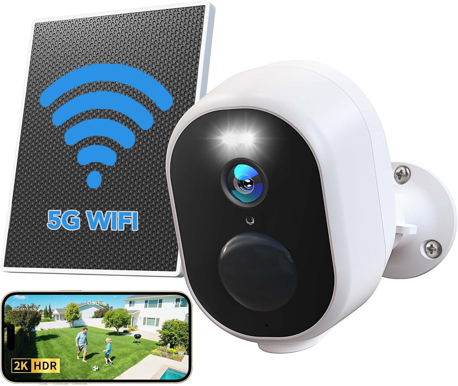 GNCC Solar Security Cameras Wireless Outdoor, 5G & 2.4GHz WiFi, 2K Outdoor Battery Camera, Color Night Vision, AI Detection, Spotlight Alarm, SD/Cloud Storage, Easy Install, Manually Adjust View