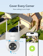 GNCC Solar Security Cameras Wireless Outdoor 2.4G WiFi, 360° View, Solar/Battery Powered, AI Human Detection, Color Night Vision, 2-Way Audio, Spotlight Siren Alarm, IP65 Waterproof, SD/Cloud Storage