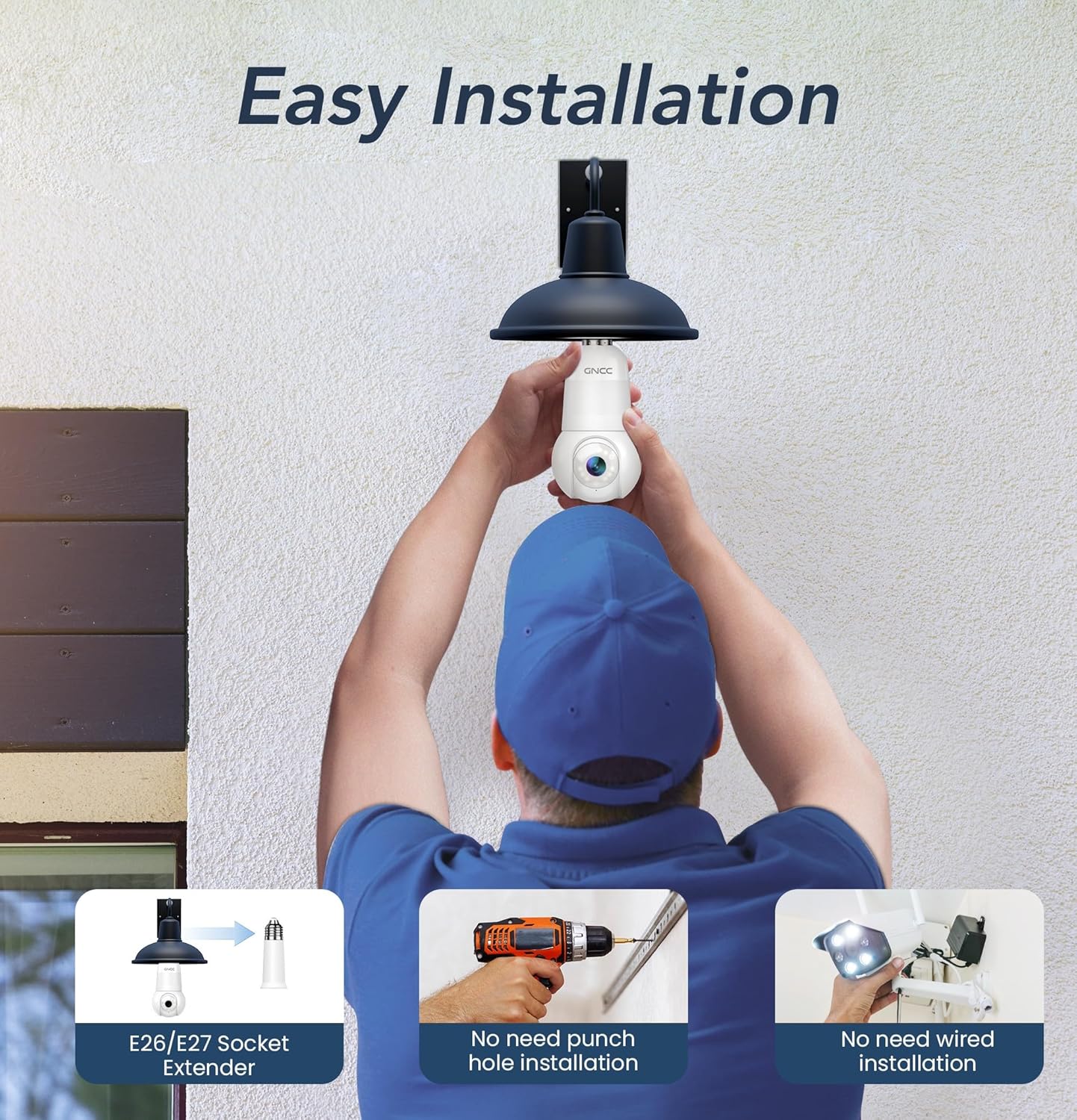 GNCC 2K Light Bulb Security Camera, 2.4GHz Only, 355° Wireless Outdoor Camera, Full-Color Night Vision, Motion Detection, Easy Install, Local & Cloud Storage Requires Subscription (1-Pack, White)