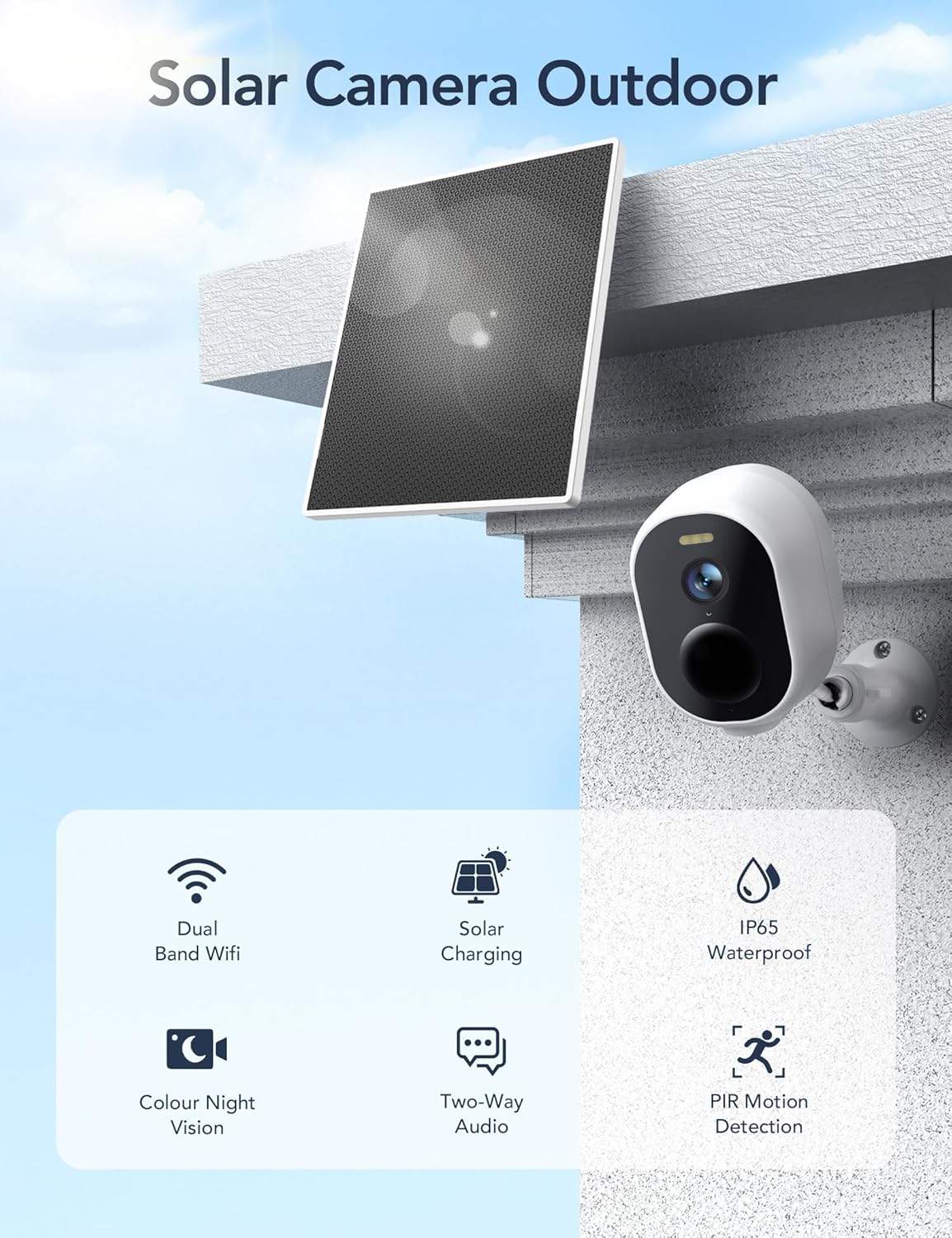 GNCC Solar Security Cameras Wireless Outdoor, 5G & 2.4GHz WiFi, 2K Outdoor Battery Camera, Color Night Vision, AI Detection, Spotlight Alarm, SD/Cloud Storage, Easy Install, Manually Adjust View
