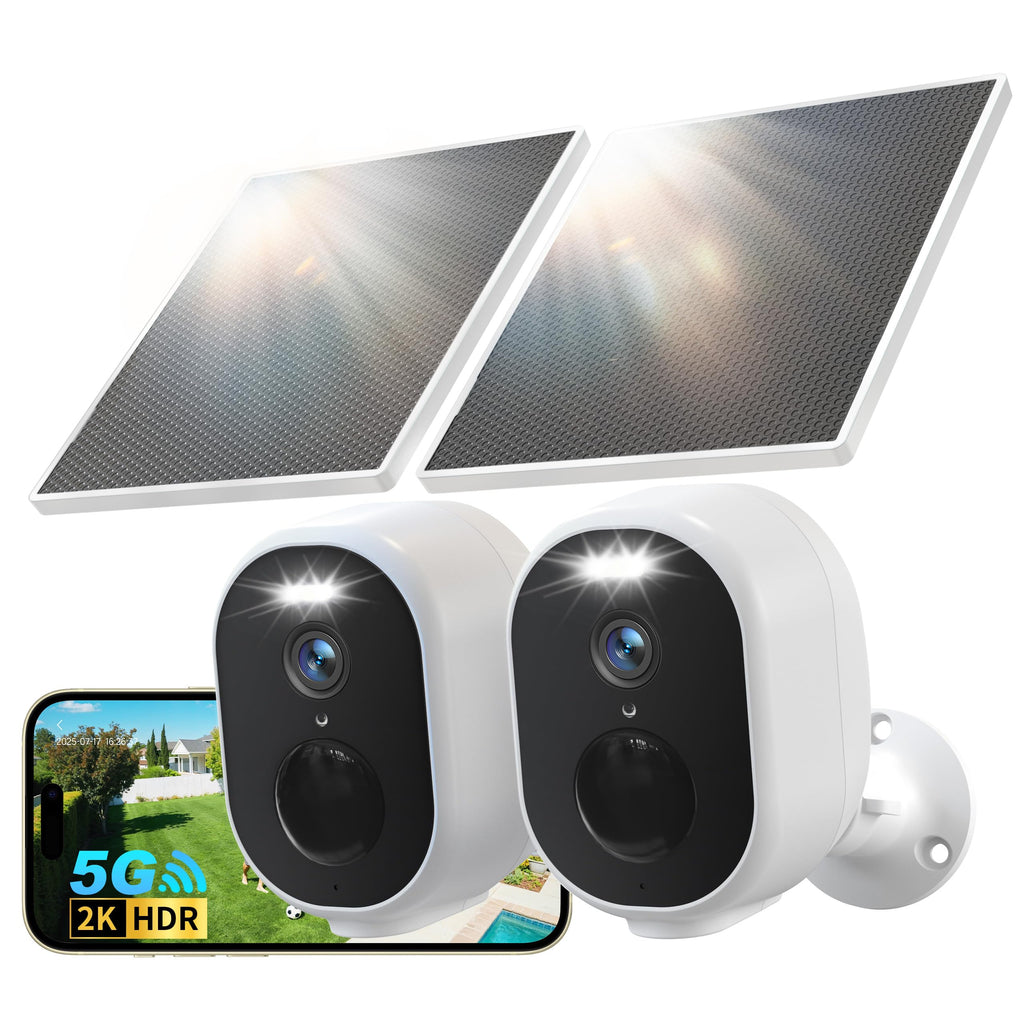 GNCC Solar Security Camera Wireless Outdoor, 2K Battery Powered Camera with Solar Panel, 5G&2.4GHz WiFi, Spotlight Color Night Vision, AI Motion Detection, Siren Alarm, Cloud/SD Storage (White-1 Pack)