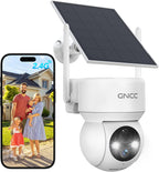GNCC Solar Security Cameras Wireless Outdoor 2.4G WiFi, 360° View, Solar/Battery Powered, AI Human Detection, Color Night Vision, 2-Way Audio, Spotlight Siren Alarm, IP65 Waterproof, SD/Cloud Storage