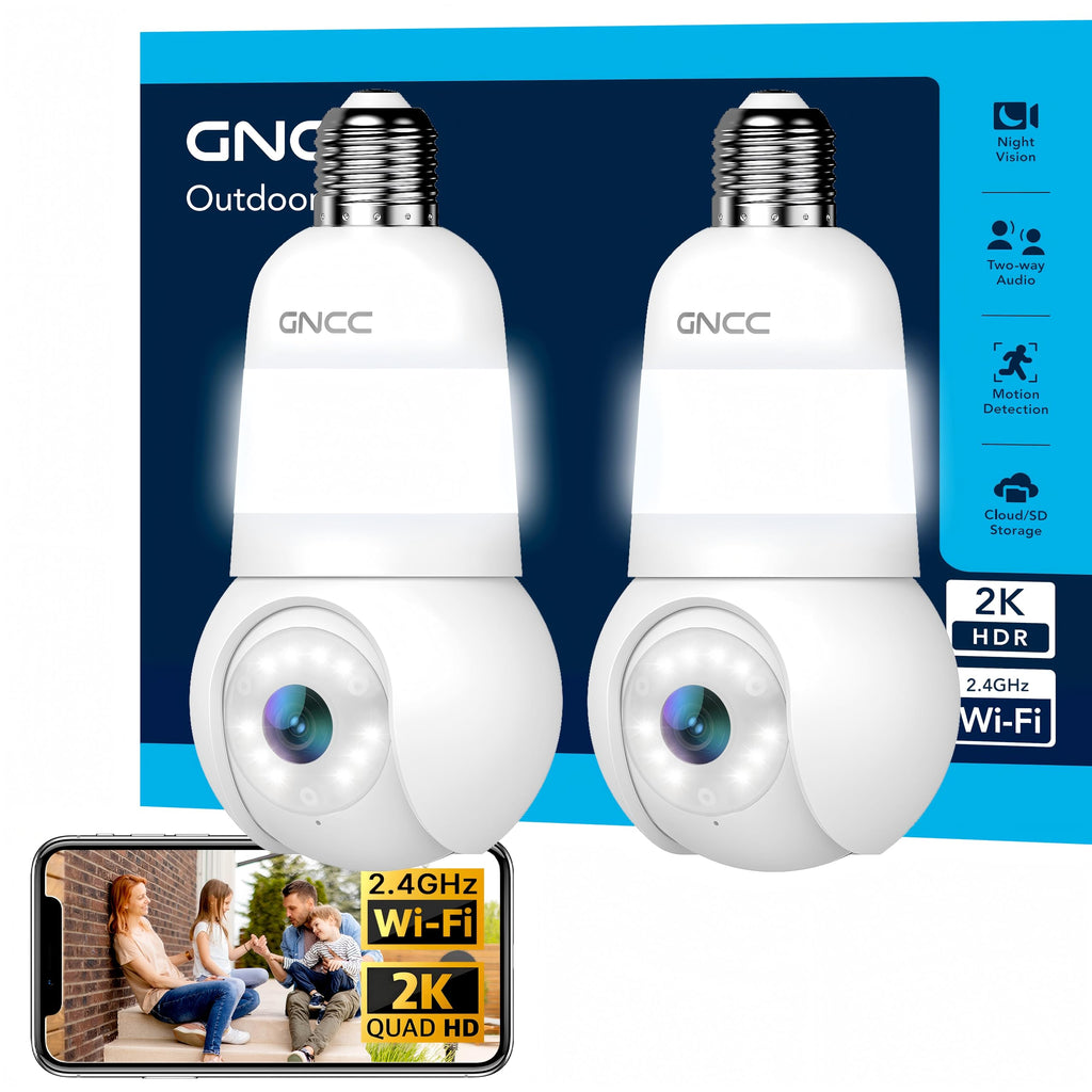 GNCC 2K Light Bulb Security Camera, 2.4GHz Only, 355° Wireless Outdoor Camera, Full-Color Night Vision, Motion Detection, Easy Install, Local & Cloud Storage Requires Subscription (1-Pack, White)