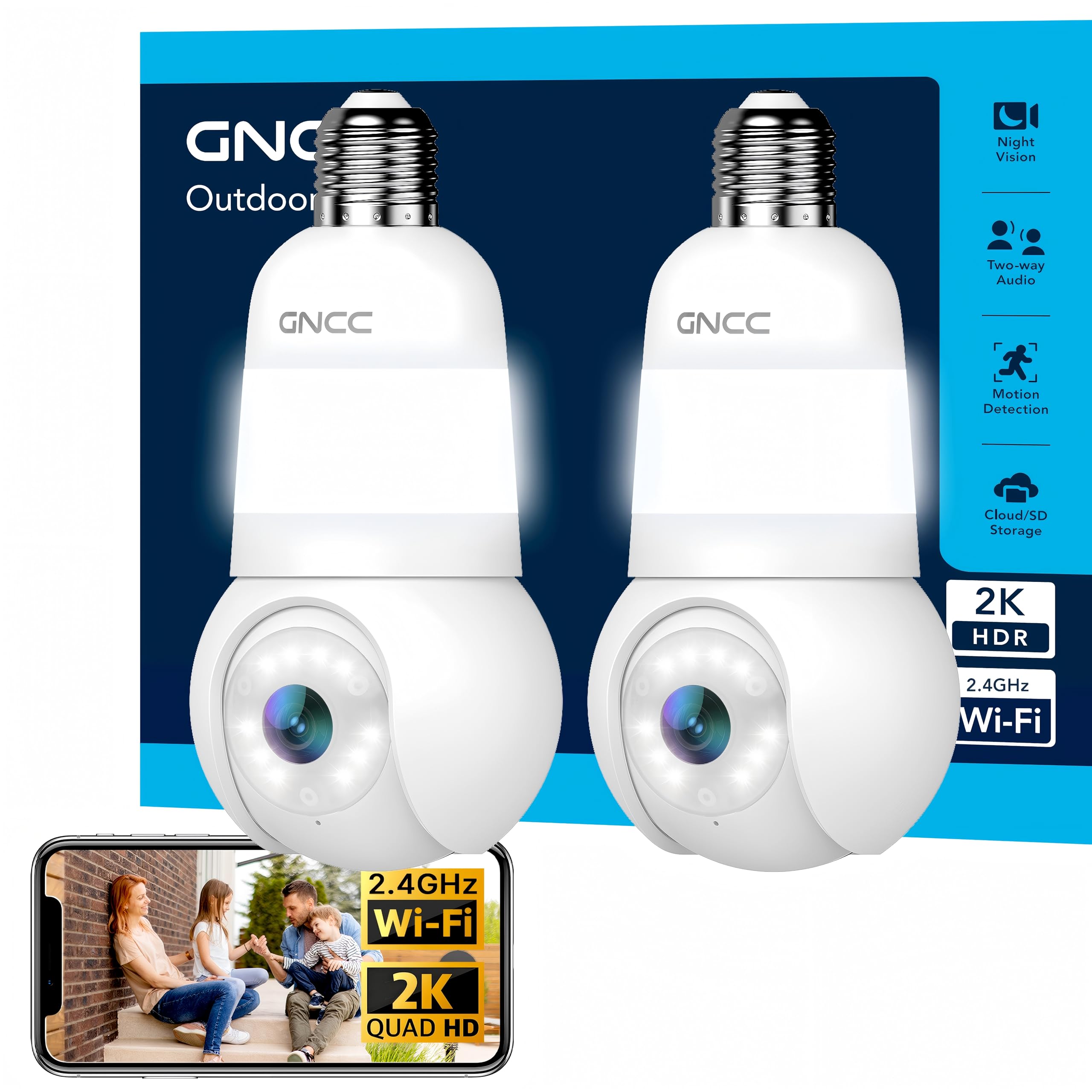 GNCC 2K Light Bulb Security Camera, 2.4GHz Only, 355° Wireless Outdoor Camera, Full-Color Night Vision, Motion Detection, Easy Install, Local & Cloud Storage Requires Subscription (1-Pack, White)