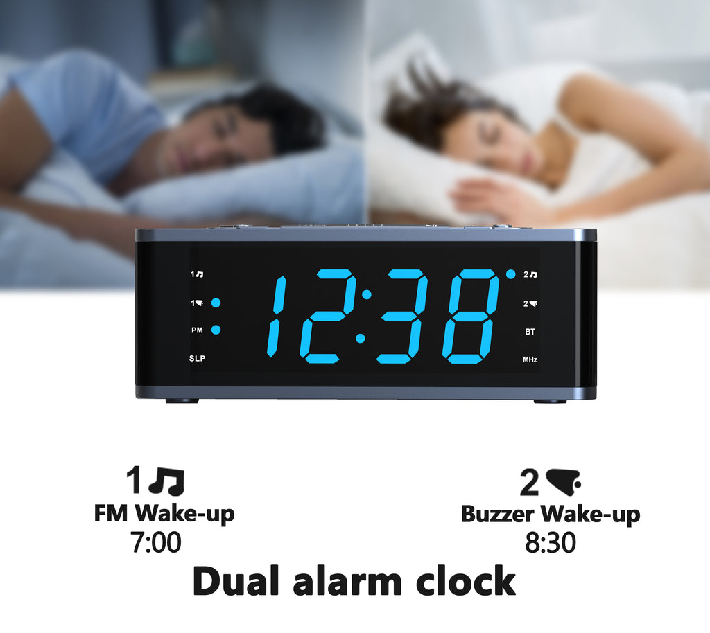 Bedroom Digital Alarm clock with FM radio, Bluetooth, Dimmable LED display screen, sleep timer, adjustable volume, dual alarm clock with on/off button, bedside alarm clock for adults, the elderly and children iTOMA 515