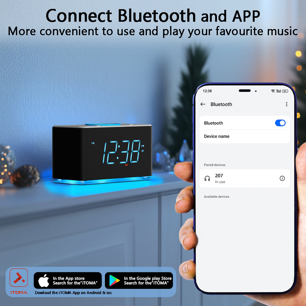 Alarm Clock Radio with 15W Wireless Charger, APP Control, FM Radio, Bluetooth, Two Charging Ports, Dual Alarm, Sleep Timer, Snooze, Auto-Manual Dimmer, Night Light &1.4" Ice Blue LED Display Clock Radio for Bedroom iTOMA 207A