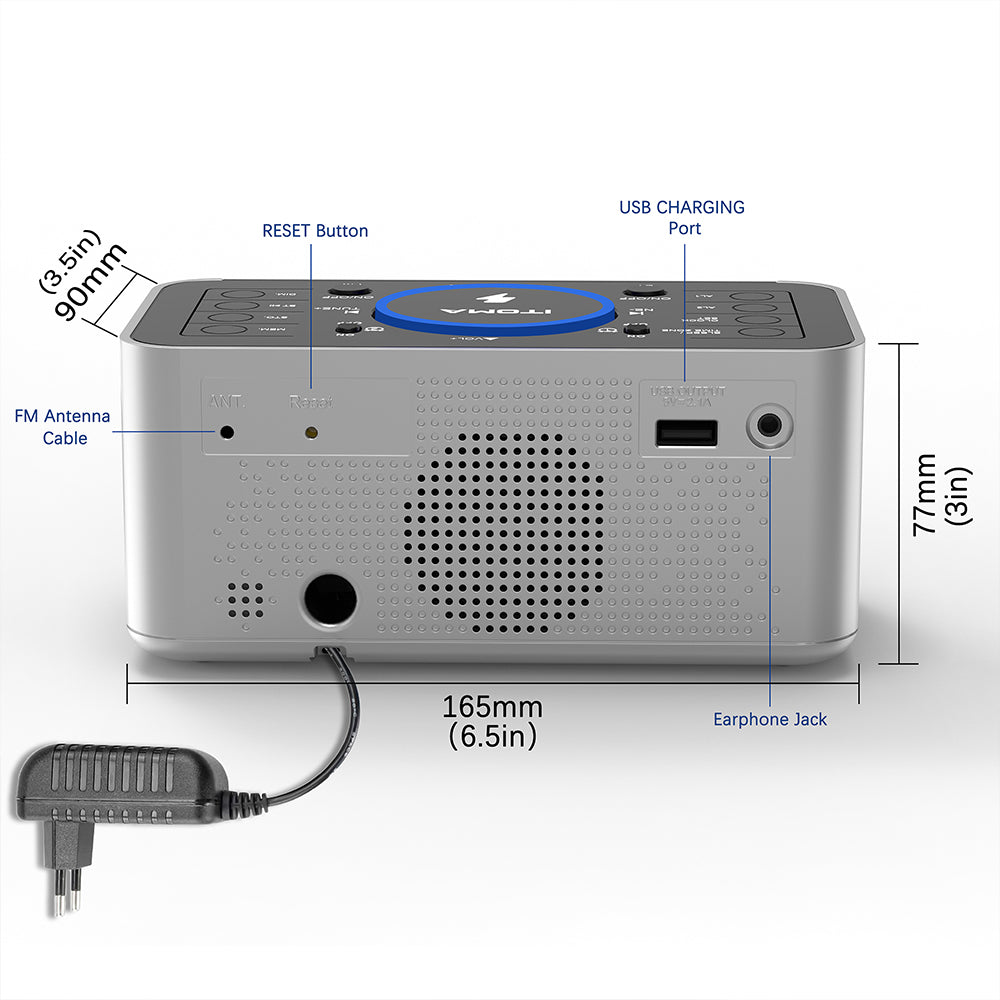 Alarm Clock Radio with 5W Wireless Charging, Snooze,Bluetooth, Dual Alarm, 1.4'' LED Display, Dimmer, USB Charging Clock for Bedside iTOMA 206S