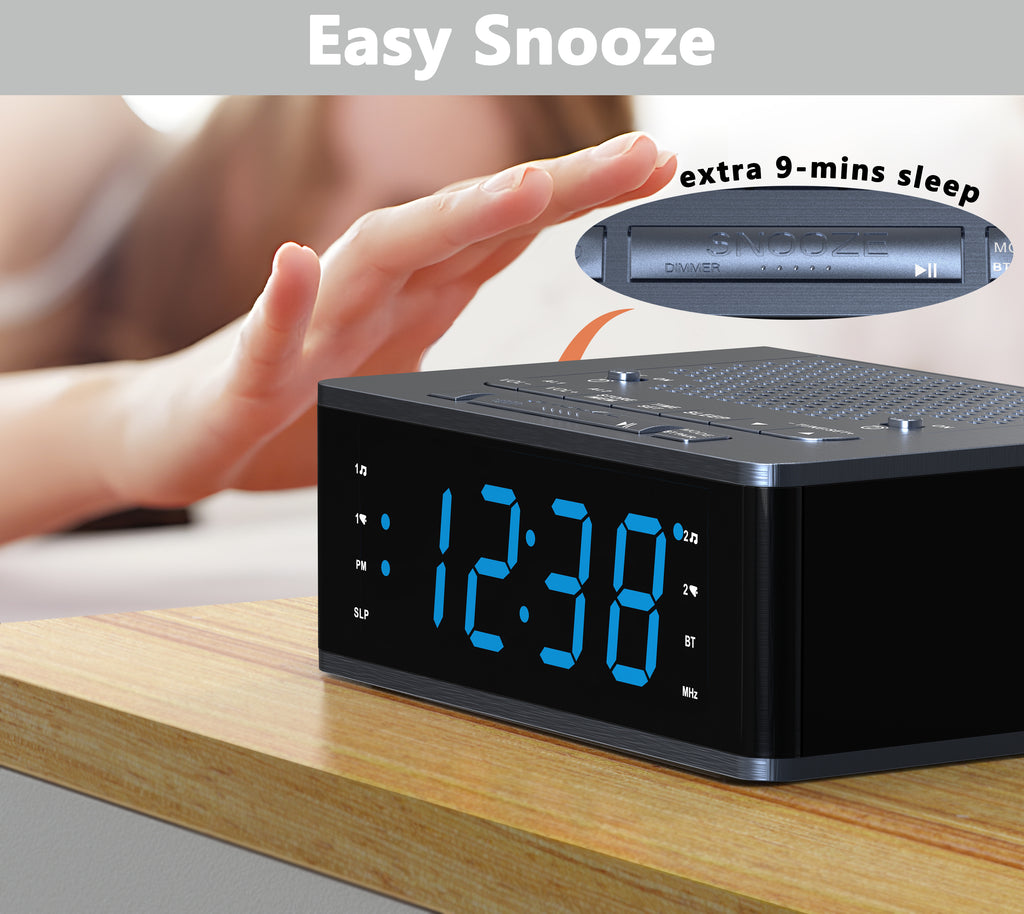 Bedroom Digital Alarm clock with FM radio, Bluetooth, Dimmable LED display screen, sleep timer, adjustable volume, dual alarm clock with on/off button, bedside alarm clock for adults, the elderly and children iTOMA 515
