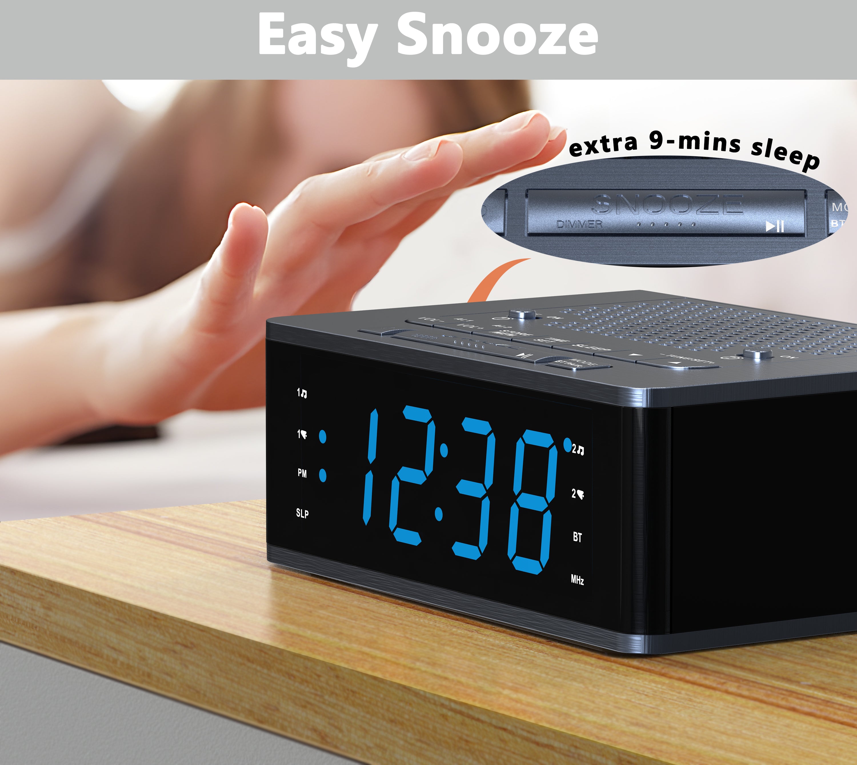 Bedroom Digital Alarm clock with FM radio, Bluetooth, Dimmable LED display screen, sleep timer, adjustable volume, dual alarm clock with on/off button, bedside alarm clock for adults, the elderly and children iTOMA 515