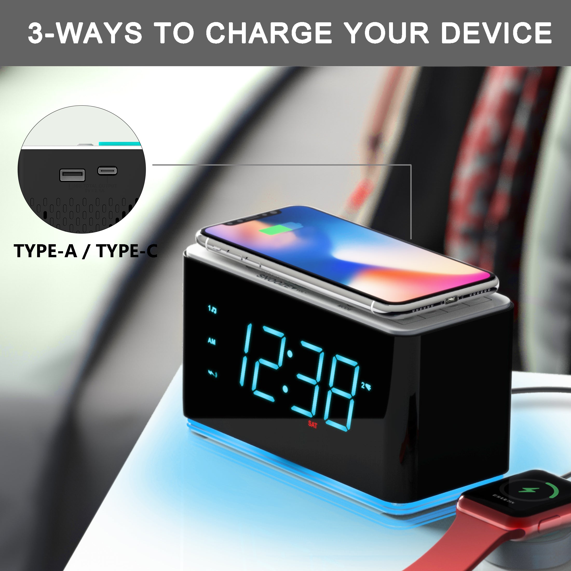 Bedside Alarm Clock Radio, 15 W Ultra Fast Wireless Phone Charger with wireless conncetion, USB Charging Port, Dual Alarm, Sleep Timer, Snooze, Dimmer, FM Radio,Cyan LED Night Light &1.4" Display iTOMA 207S
