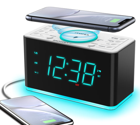 Radiowecker, 15 W ultraschnelles kabelloses Telefonladegerät mit Bluetooth, USB-Ladeanschluss, Dual-Alarm, Sleep-Timer, Schlummerfunktion, Dimmer, UKW-Radio, cyanfarbenes LED-Nachtlicht und 1,4-Zoll-Display iTOMA CKS207 