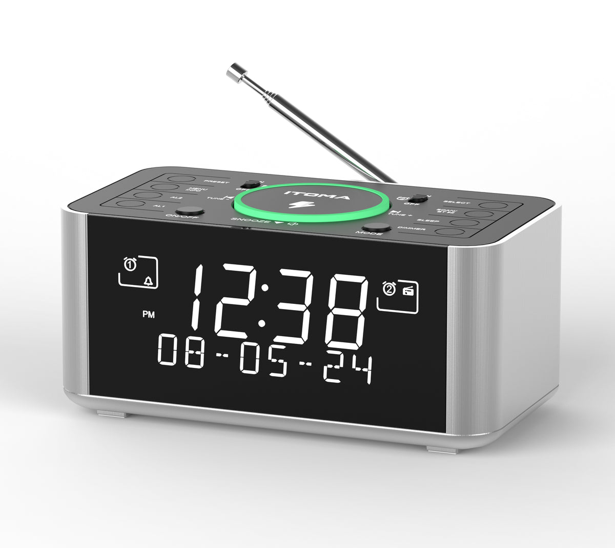Alarm Clock with DAB & FM Radio Wireless Charging, 40 Preset Stations, Dual Alarms, Snooze, Dimmable LCD Display, Bluetooth, USB Charging and Earphone Jack, Bedside Alarm Radio iTOMA 206D