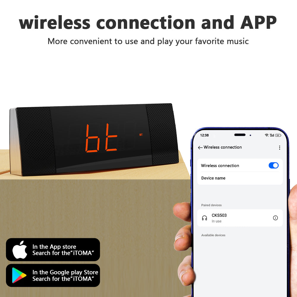 Creative Bedside Alarm Clock Radio and Bluetooth, FM Radio, Dual Alarm Clocks and Snooze, USB Charging, Automatic and Manual Dimming, APP Control, Alarm Clock Bedside iTOMA 503A