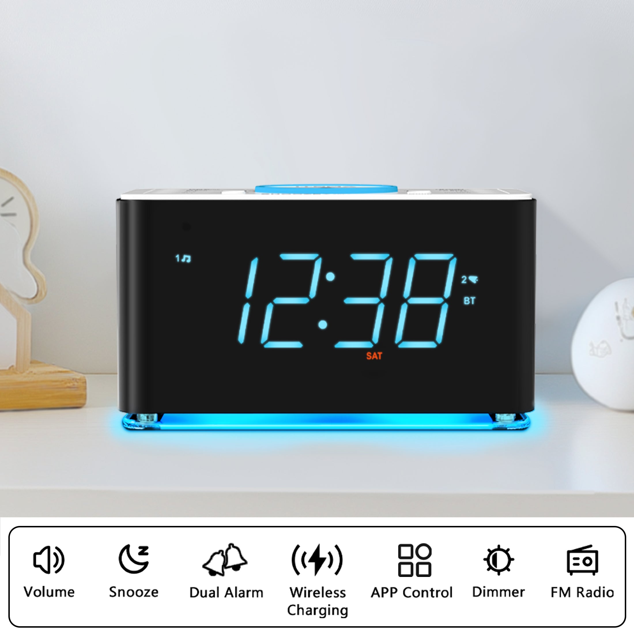 Bedside Alarm Clock Radio, 15 W Ultra Fast Wireless Phone Charger with wireless conncetion, USB Charging Port, Dual Alarm, Sleep Timer, Snooze, Dimmer, FM Radio,Cyan LED Night Light &1.4" Display iTOMA 207S