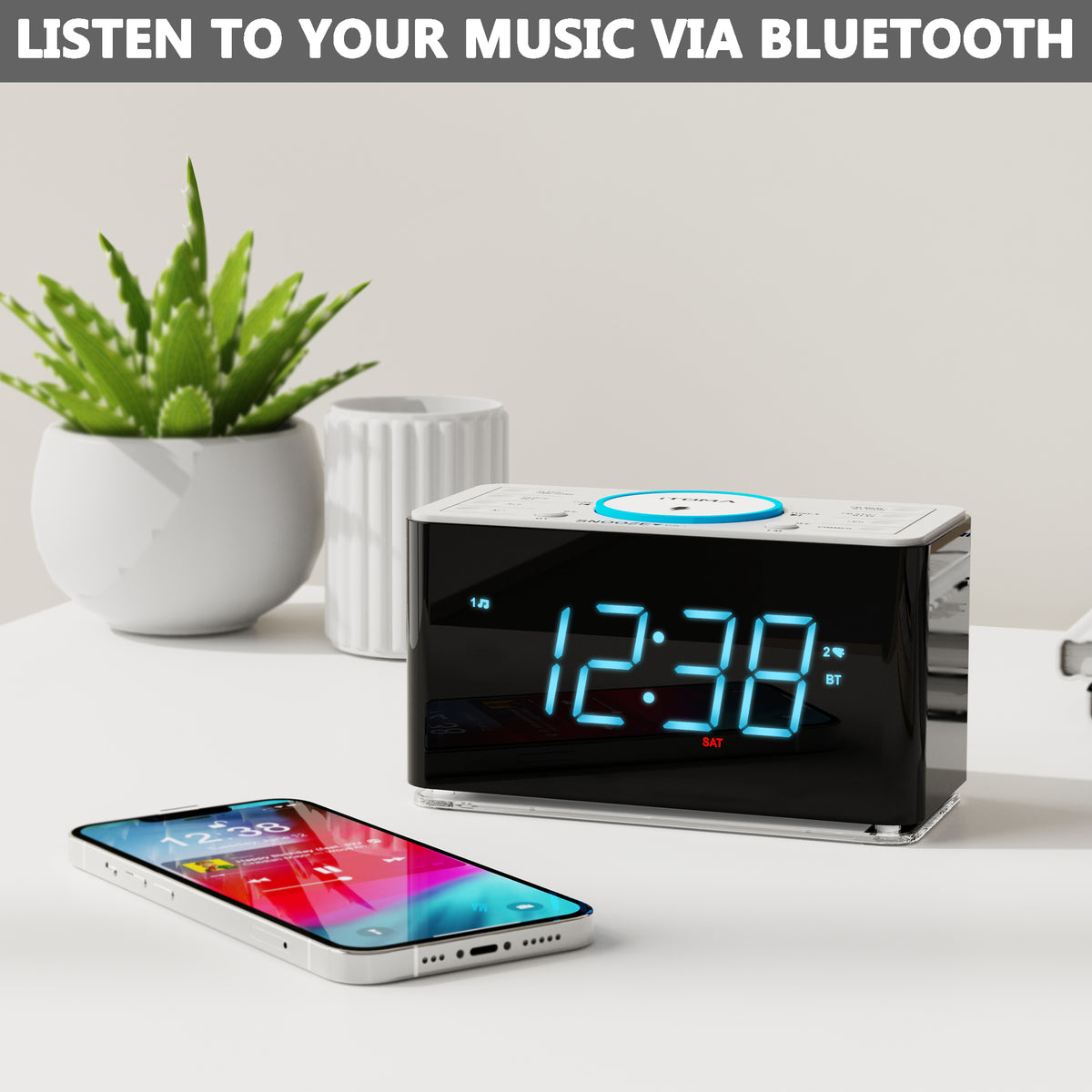 Bedside Alarm Clock Radio, 15 W Ultra Fast Wireless Phone Charger with wireless conncetion, USB Charging Port, Dual Alarm, Sleep Timer, Snooze, Dimmer, FM Radio,Cyan LED Night Light &1.4" Display iTOMA 207S