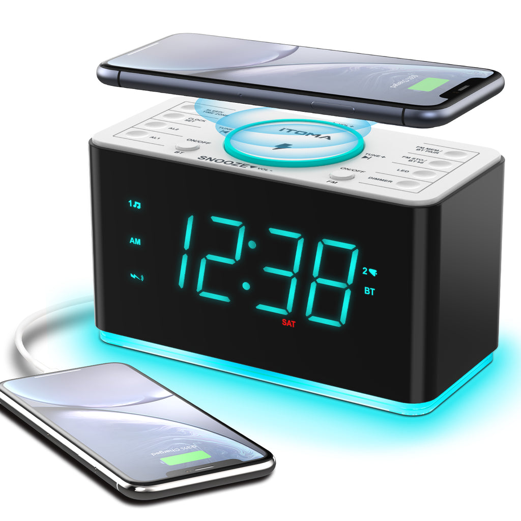 Bedside Alarm Clock Radio, 15 W Ultra Fast Wireless Phone Charger with wireless conncetion, USB Charging Port, Dual Alarm, Sleep Timer, Snooze, Dimmer, FM Radio,Cyan LED Night Light &1.4" Display iTOMA 207S