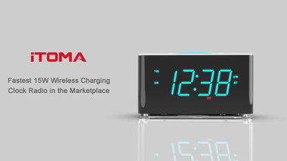 Alarm Clock Radio, 15 W Ultra Fast Wireless Phone Charger with wireless conncetion, USB Charging Port, Dual Alarm, Sleep Timer, Snooze, Dimmer, FM Radio,Cyan LED Night Light &1.4" Display iTOMA 207