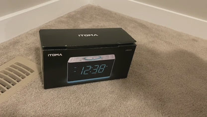 Alarm Clock Radio, 15 W Ultra Fast Wireless Phone Charger with wireless conncetion, USB Charging Port, Dual Alarm, Sleep Timer, Snooze, Dimmer, FM Radio,Cyan LED Night Light &1.4" Display iTOMA 207